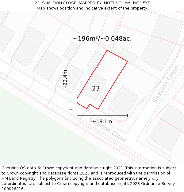 23, SHALDON CLOSE, MAPPERLEY, NOTTINGHAM, NG3 5XF: Plot and title map