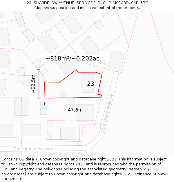23, SHARDELOW AVENUE, SPRINGFIELD, CHELMSFORD, CM1 6BG: Plot and title map