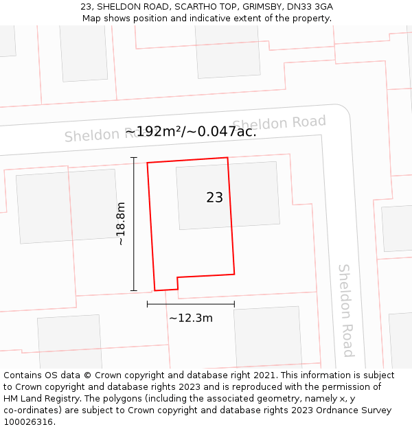 23, SHELDON ROAD, SCARTHO TOP, GRIMSBY, DN33 3GA: Plot and title map