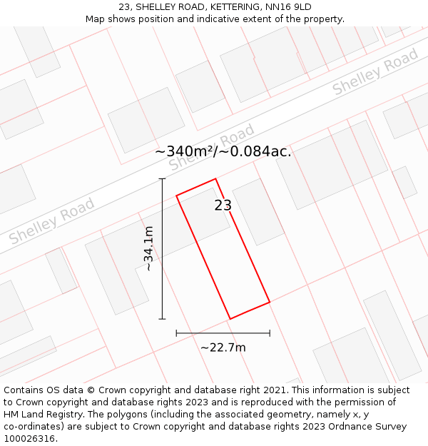 23, SHELLEY ROAD, KETTERING, NN16 9LD: Plot and title map