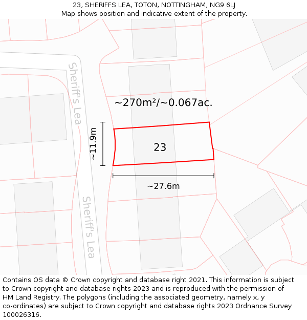 23, SHERIFFS LEA, TOTON, NOTTINGHAM, NG9 6LJ: Plot and title map