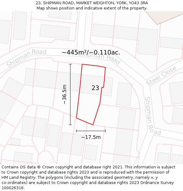 23, SHIPMAN ROAD, MARKET WEIGHTON, YORK, YO43 3RA: Plot and title map