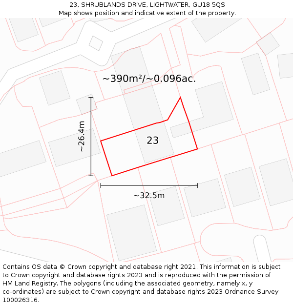 23, SHRUBLANDS DRIVE, LIGHTWATER, GU18 5QS: Plot and title map