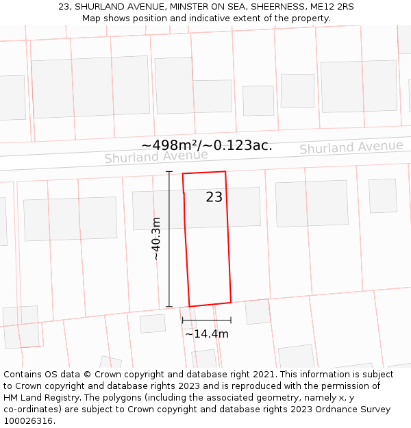 23, SHURLAND AVENUE, MINSTER ON SEA, SHEERNESS, ME12 2RS: Plot and title map