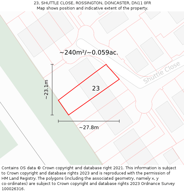 23, SHUTTLE CLOSE, ROSSINGTON, DONCASTER, DN11 0FR: Plot and title map