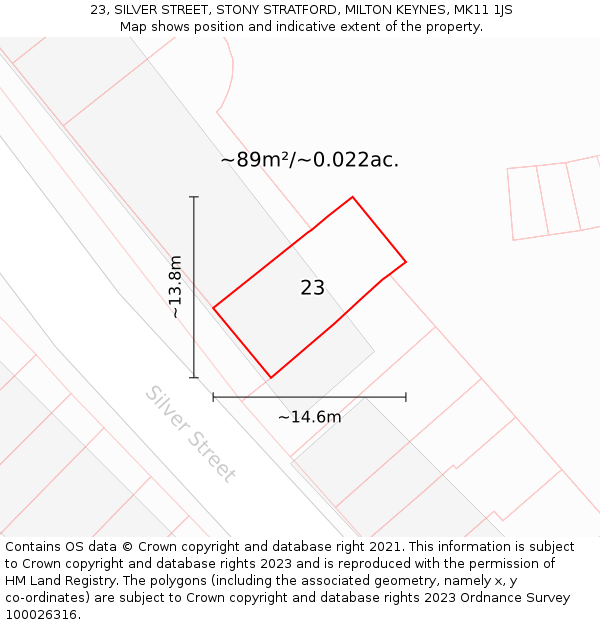 23, SILVER STREET, STONY STRATFORD, MILTON KEYNES, MK11 1JS: Plot and title map