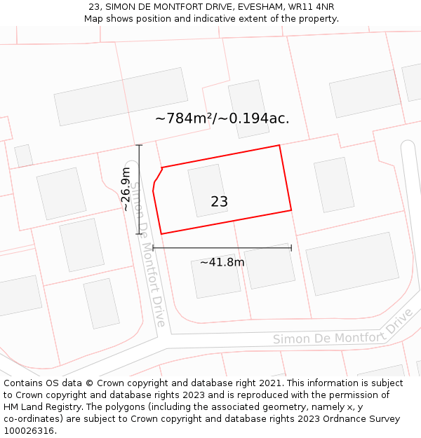 23, SIMON DE MONTFORT DRIVE, EVESHAM, WR11 4NR: Plot and title map