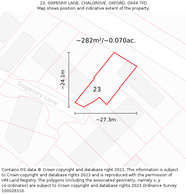 23, SIXPENNY LANE, CHALGROVE, OXFORD, OX44 7YD: Plot and title map