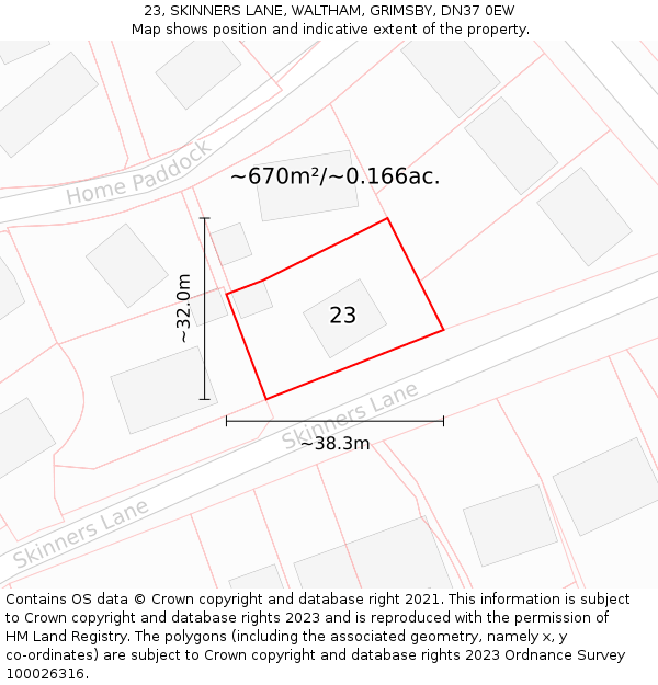 23, SKINNERS LANE, WALTHAM, GRIMSBY, DN37 0EW: Plot and title map