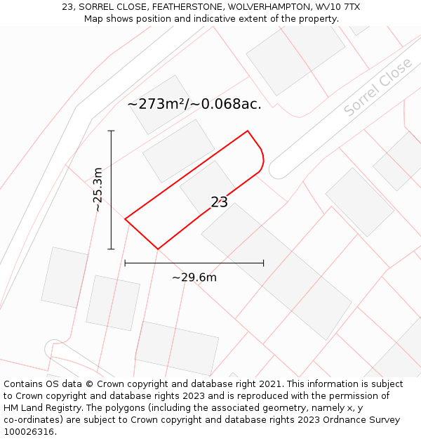 23, SORREL CLOSE, FEATHERSTONE, WOLVERHAMPTON, WV10 7TX: Plot and title map