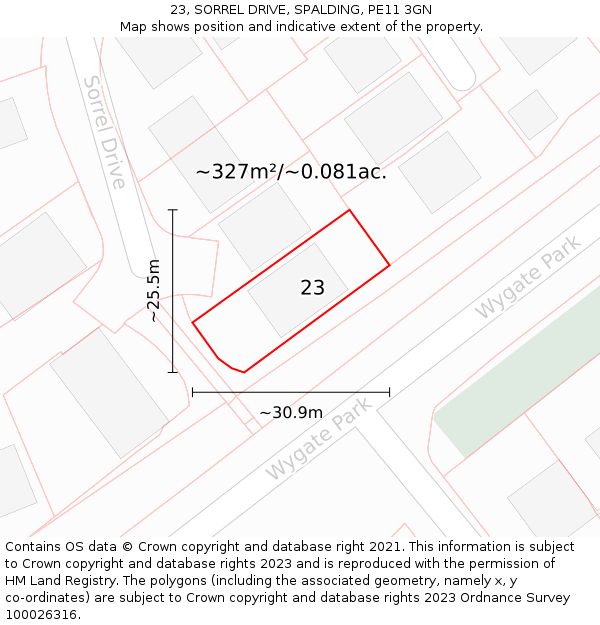 23, SORREL DRIVE, SPALDING, PE11 3GN: Plot and title map