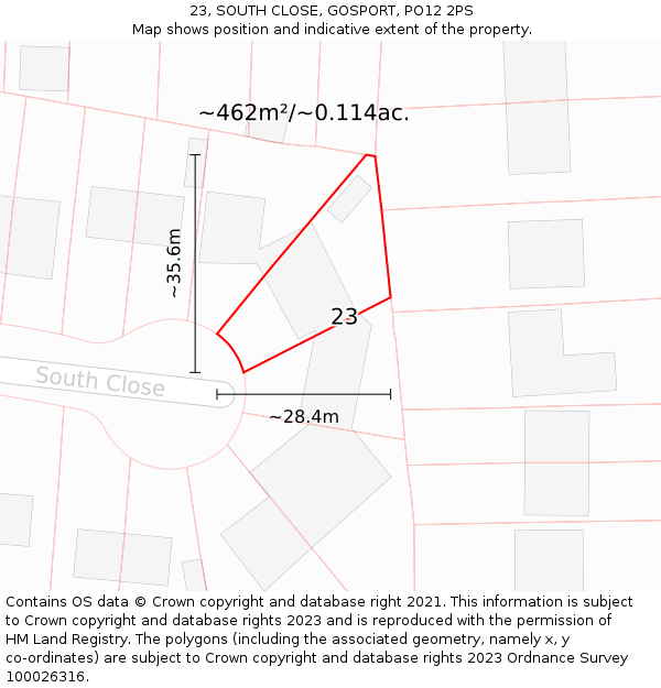 23, SOUTH CLOSE, GOSPORT, PO12 2PS: Plot and title map