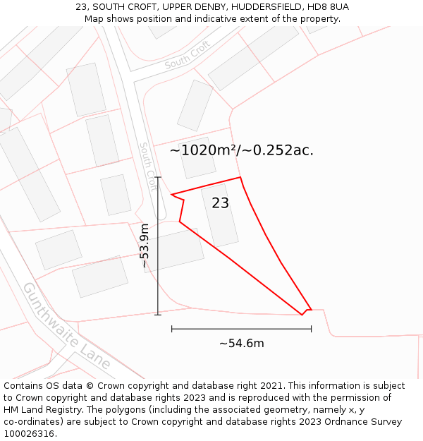 23, SOUTH CROFT, UPPER DENBY, HUDDERSFIELD, HD8 8UA: Plot and title map