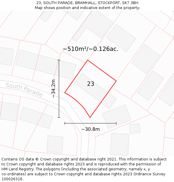 23, SOUTH PARADE, BRAMHALL, STOCKPORT, SK7 3BH: Plot and title map