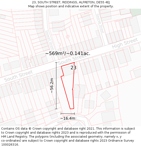 23, SOUTH STREET, RIDDINGS, ALFRETON, DE55 4EJ: Plot and title map