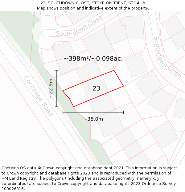 23, SOUTHDOWN CLOSE, STOKE-ON-TRENT, ST3 4UA: Plot and title map