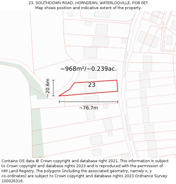 23, SOUTHDOWN ROAD, HORNDEAN, WATERLOOVILLE, PO8 0ET: Plot and title map