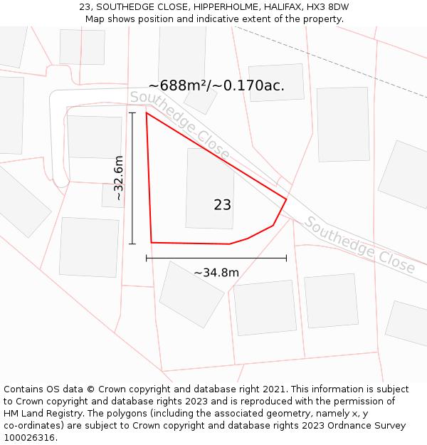 23, SOUTHEDGE CLOSE, HIPPERHOLME, HALIFAX, HX3 8DW: Plot and title map