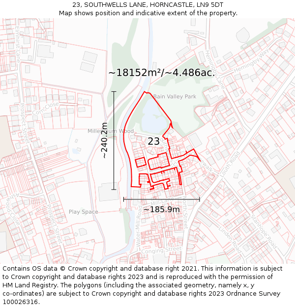 23, SOUTHWELLS LANE, HORNCASTLE, LN9 5DT: Plot and title map