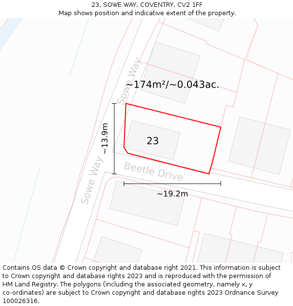 23, SOWE WAY, COVENTRY, CV2 1FF: Plot and title map