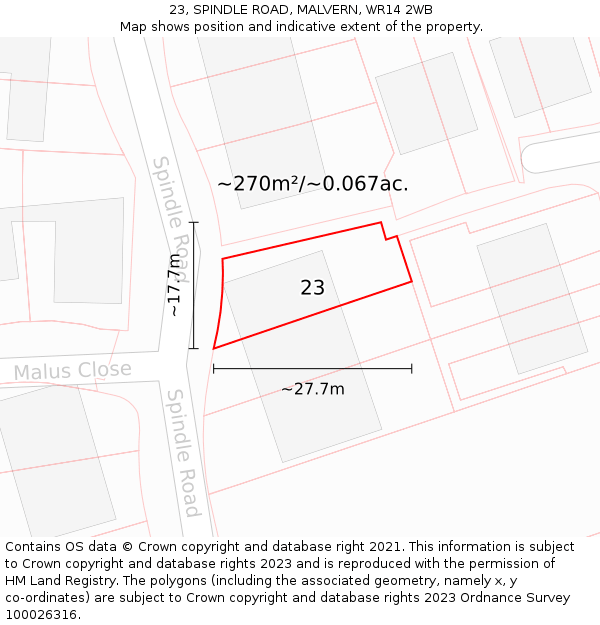 23, SPINDLE ROAD, MALVERN, WR14 2WB: Plot and title map