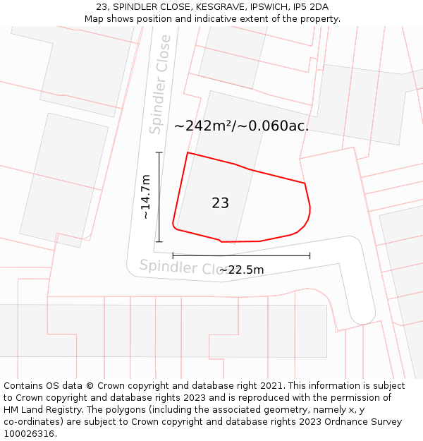 23, SPINDLER CLOSE, KESGRAVE, IPSWICH, IP5 2DA: Plot and title map