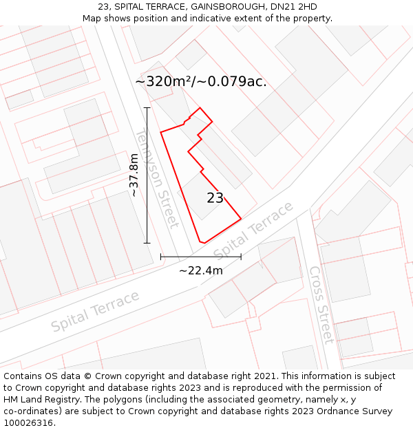 23, SPITAL TERRACE, GAINSBOROUGH, DN21 2HD: Plot and title map