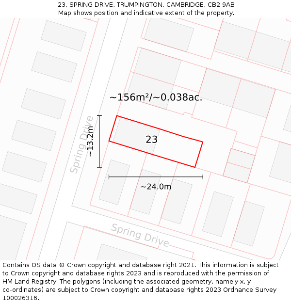 23, SPRING DRIVE, TRUMPINGTON, CAMBRIDGE, CB2 9AB: Plot and title map