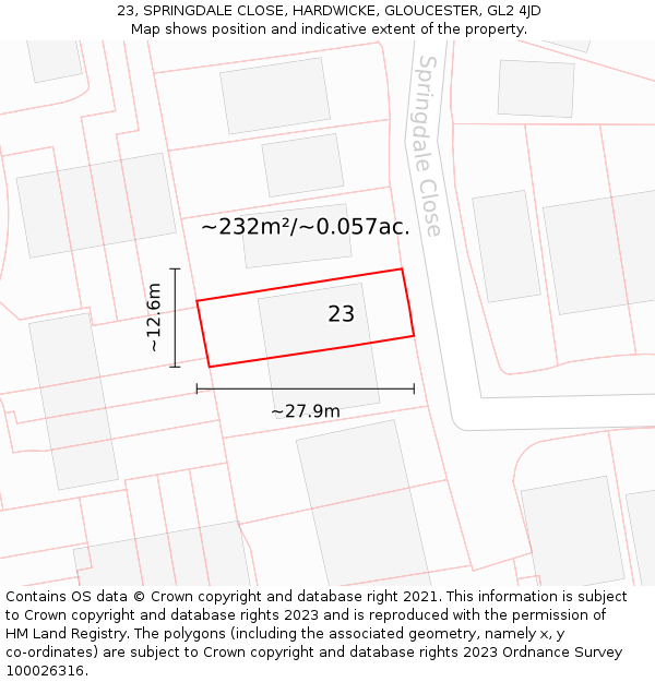 23, SPRINGDALE CLOSE, HARDWICKE, GLOUCESTER, GL2 4JD: Plot and title map