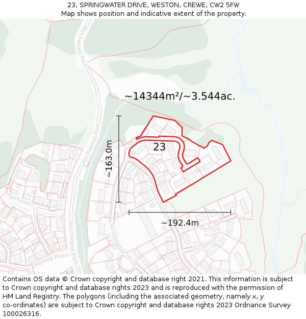 23, SPRINGWATER DRIVE, WESTON, CREWE, CW2 5FW: Plot and title map