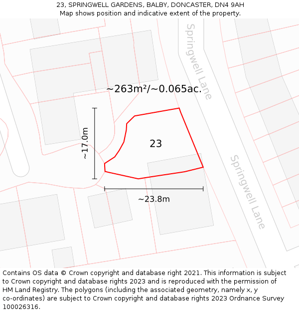 23, SPRINGWELL GARDENS, BALBY, DONCASTER, DN4 9AH: Plot and title map