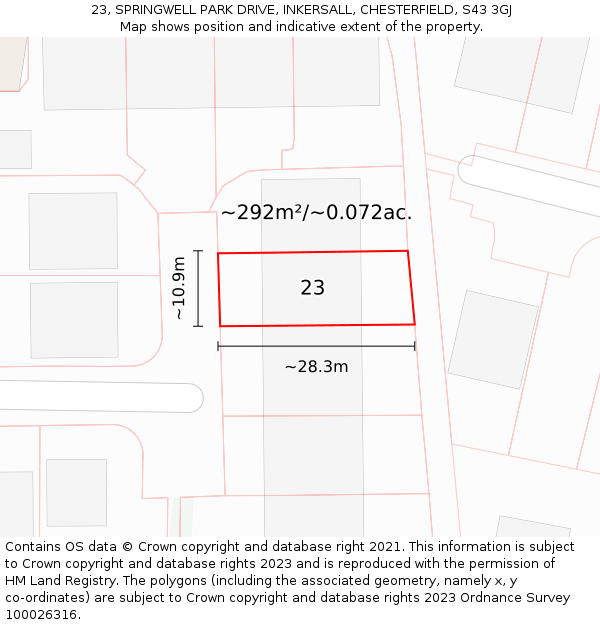 23, SPRINGWELL PARK DRIVE, INKERSALL, CHESTERFIELD, S43 3GJ: Plot and title map