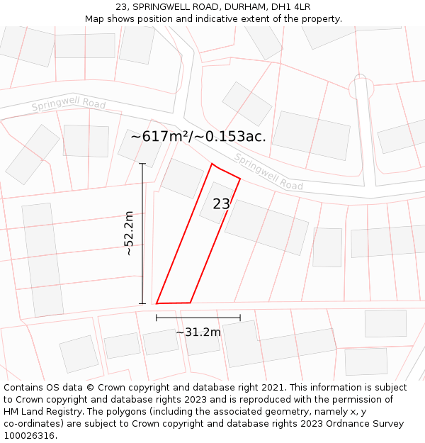 23, SPRINGWELL ROAD, DURHAM, DH1 4LR: Plot and title map