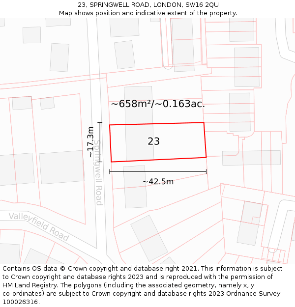 23, SPRINGWELL ROAD, LONDON, SW16 2QU: Plot and title map