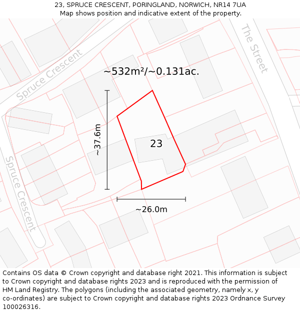 23, SPRUCE CRESCENT, PORINGLAND, NORWICH, NR14 7UA: Plot and title map