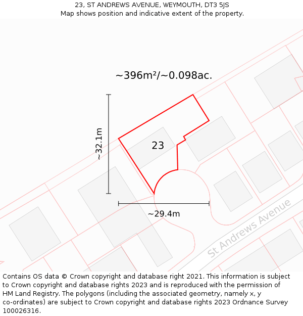 23, ST ANDREWS AVENUE, WEYMOUTH, DT3 5JS: Plot and title map