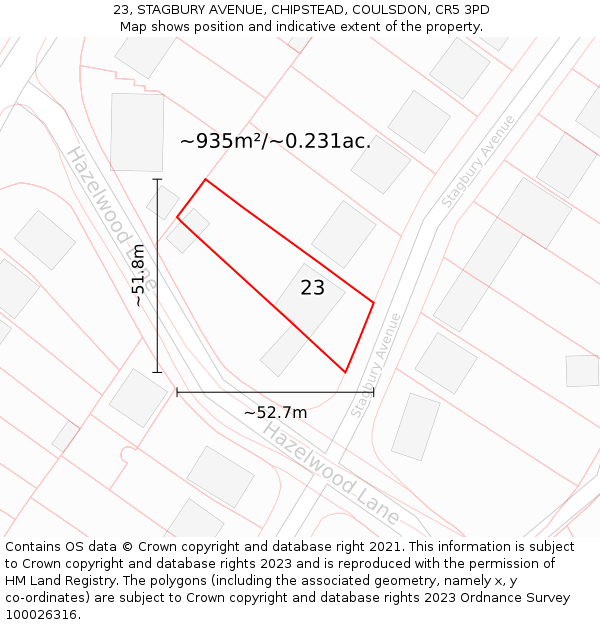 23, STAGBURY AVENUE, CHIPSTEAD, COULSDON, CR5 3PD: Plot and title map