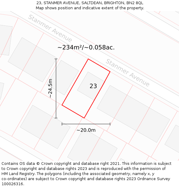 23, STANMER AVENUE, SALTDEAN, BRIGHTON, BN2 8QL: Plot and title map