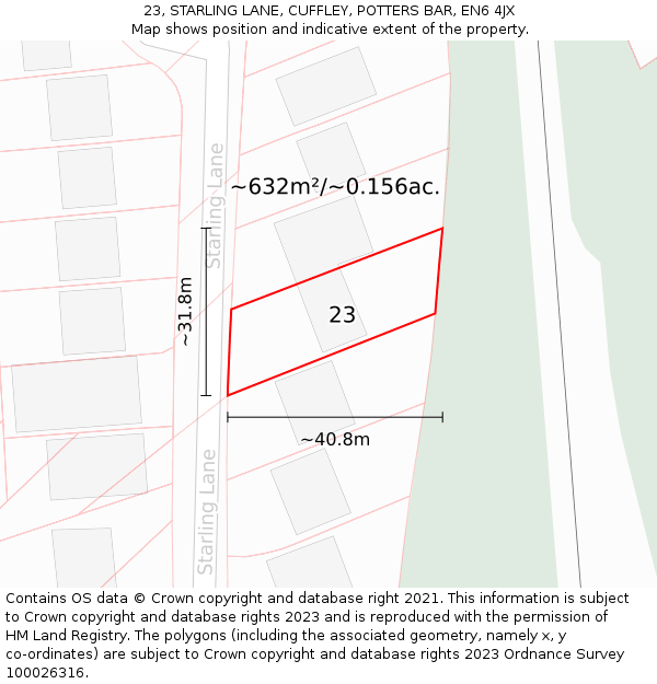 23, STARLING LANE, CUFFLEY, POTTERS BAR, EN6 4JX: Plot and title map