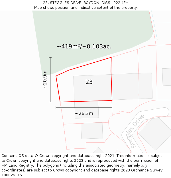 23, STEGGLES DRIVE, ROYDON, DISS, IP22 4FH: Plot and title map