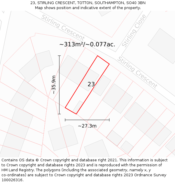 23, STIRLING CRESCENT, TOTTON, SOUTHAMPTON, SO40 3BN: Plot and title map