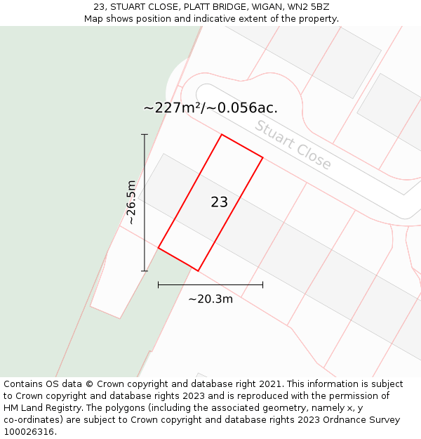 23, STUART CLOSE, PLATT BRIDGE, WIGAN, WN2 5BZ: Plot and title map