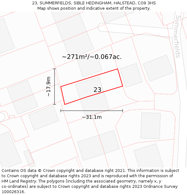 23, SUMMERFIELDS, SIBLE HEDINGHAM, HALSTEAD, CO9 3HS: Plot and title map