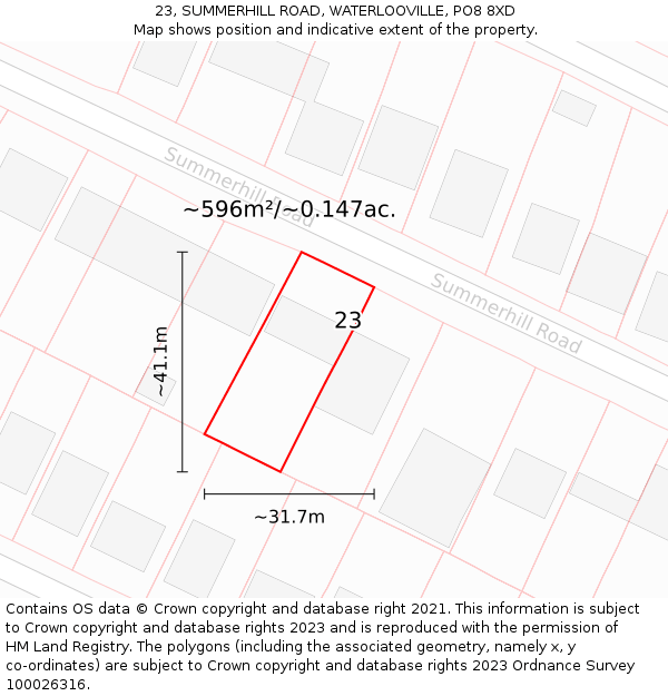 23, SUMMERHILL ROAD, WATERLOOVILLE, PO8 8XD: Plot and title map