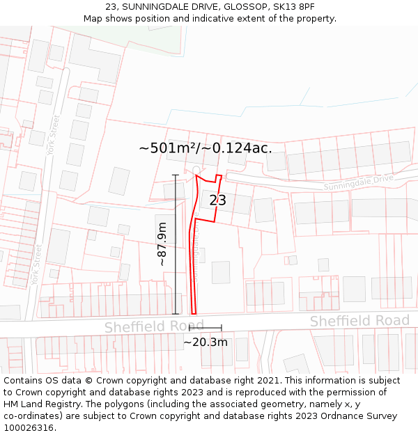 23, SUNNINGDALE DRIVE, GLOSSOP, SK13 8PF: Plot and title map