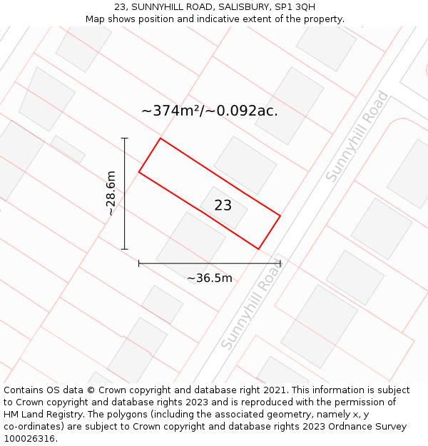 23, SUNNYHILL ROAD, SALISBURY, SP1 3QH: Plot and title map