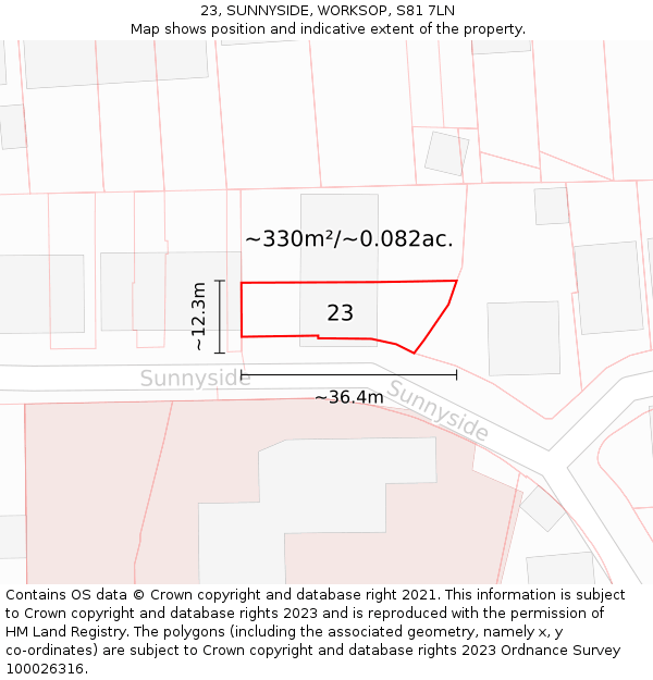 23, SUNNYSIDE, WORKSOP, S81 7LN: Plot and title map