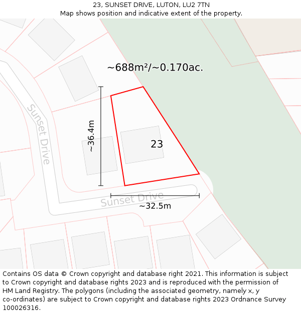 23, SUNSET DRIVE, LUTON, LU2 7TN: Plot and title map