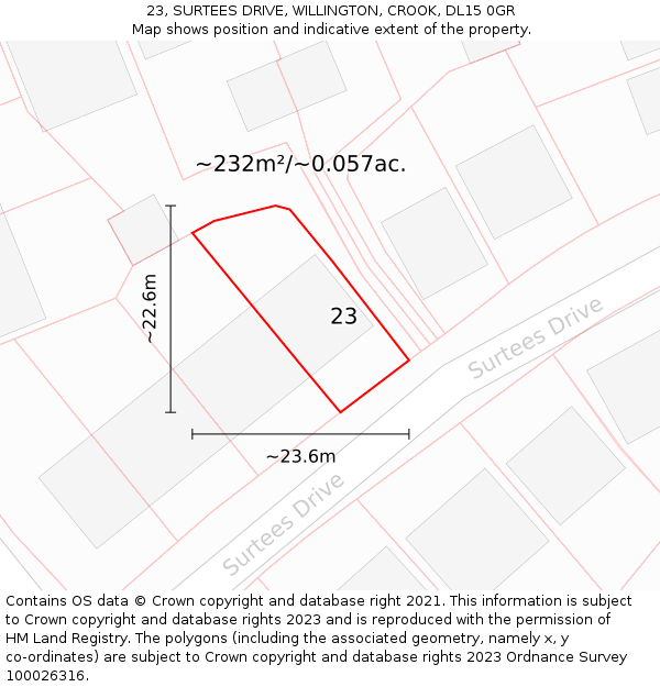 23, SURTEES DRIVE, WILLINGTON, CROOK, DL15 0GR: Plot and title map