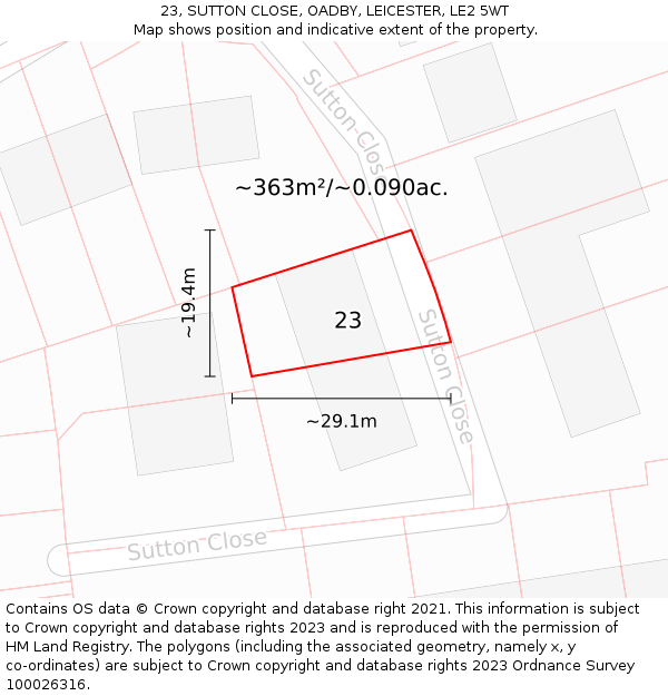 23, SUTTON CLOSE, OADBY, LEICESTER, LE2 5WT: Plot and title map